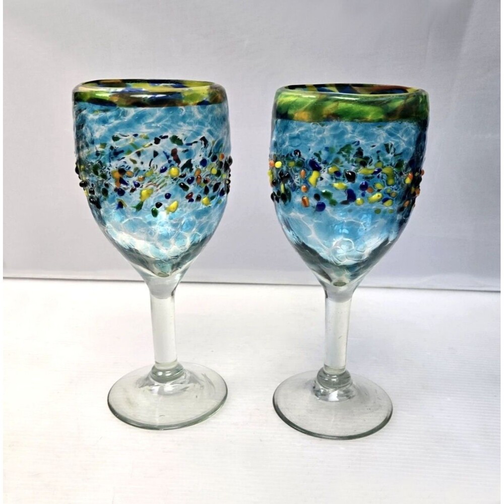 Mexican Confetti Wine Glasses Blue Confetti Textured Glass Pebbled Band Set of 2